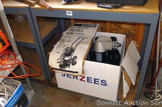 2 steel-framed work benches or shelving units, each 3' x 3' x 1-1/2'.