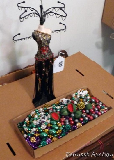 Decorative jewelry stand will hold several necklaces or the like, 15" tall; plus a box of bead