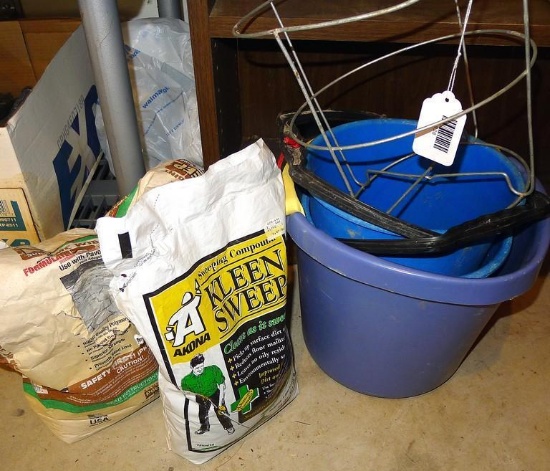 Three utility buckets, plus floor sweeping compound and polymer sand.