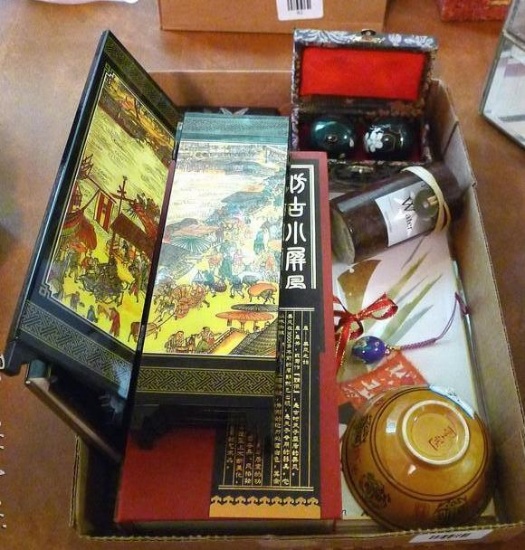 Japanese or Oriental items including little 4" bowl, miniature screen, relaxation balls, more.