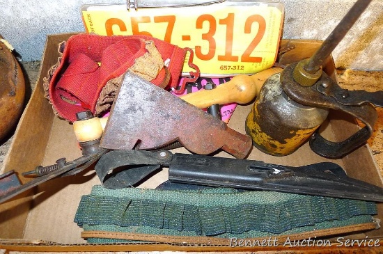 Hand clay thrower, shingling hatchet head, cartridge belt, oiler, more.