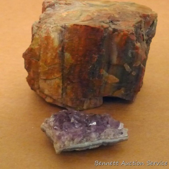 Purple quartz fridge magnet is 2-1/2"; Plus 4-1/2" piece of petrified wood.
