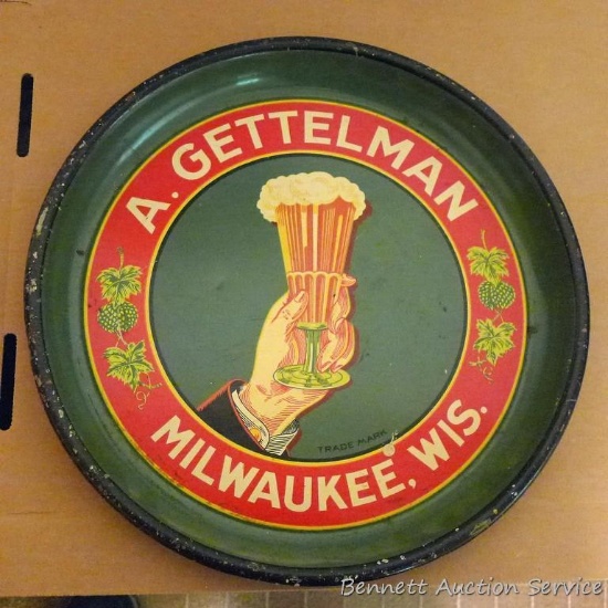 A. Gettelman of Milwaukee, Wis. bar serving beer tray is 13" diameter. Looks original.