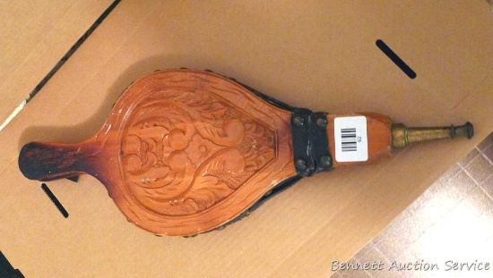 20" fireplace bellows blows air, leather is mostly good.