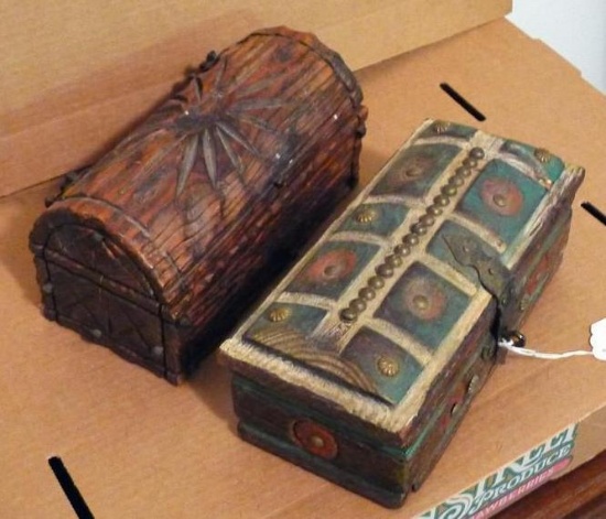 Two solid wood trinket boxes are approx. 10". Heavy carvings.
