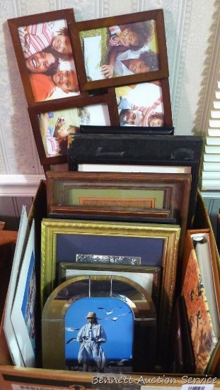 14" printing block reads 'Try Us Once and U Will Call Again'; Box of frames, pictures, photo book,