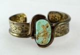 Cuff style bracelet with very light turquoise stone accent, marked 'Jed Brer Sterling'. 2-1/2