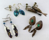 Four pair of earrings, including one pair of screw post. Fish screw post earrings are 1-3/4