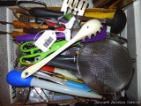 Calphalon spatulas, Wilton brush, strainer, whisks, thermometer, can openers, Corning Ware pan