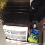 Staplers, markers, binder clips, Tape dispenser, Duck tape refills, more. Storage box is about 7
