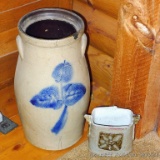 Salt glazed stoneware butter churn is faintly stamped 5 and an illegible maker's mark in an oval,