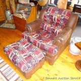 Chair with ottoman, faux leather with fabric cushions; chair measures 39