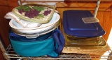 2-1/2 qt. baking dish with lid and insulated carry case; glass pie dishes and baking dishes, largest