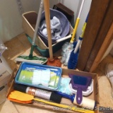 Lot of cleaning supplies includes Swiffer & pads, shelf liner, fly swatters, small dustpans, plunger