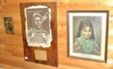 Three Native American pictures, print is signed by Bill Hampton. Largest is about 32