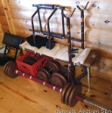 No shipping. Weight bench comes with several sizes of weights. Weights look to be 2-1/2, 5, and 10