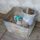 Square galvanized washtub is a little dented - great for a planter, plus a galvanized bucket, a