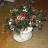 Vintage sparkly Christmas paper mache boot is filled with faux greenery.