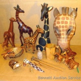 Giraffe lovers lot #1! Over 12 wooden giraffe figures, other giraffe collectibles. Some have minor