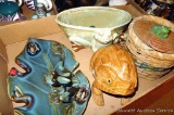 Frog themed decor including planter, dish, trinket basket. All appear in good condition. Largest