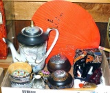 Lot of Oriental themed decor including fans, trinket boxes, Buddha, more. Ceramic pieces have some