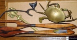 Vintage brass crab incense burner, letter opener, kitchen utensils with mother of pearl inlay. All