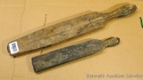 Razor strop, other larger wooden handle. Both in used condition. Largest one measures 22 in. long.