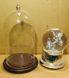 Domed glass display, water globe with doves. Both in good condition. Dome measures 10? tall.