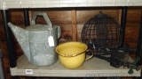 10 quart galvanized watering can, cute enameled pot, cage style bird feeders, two sprinkler heads.