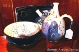 Ceramic teapot, bowls, and tray with hand painted trees & red berries on them, by Irene Gimeno. All