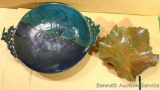 Two decorative ceramic bowls, including one shaped like a leaf, by Irene Gimeno. Large bowl has chip