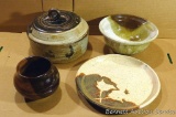 Ceramic covered casserole dish, plate, bowl, and ball vase with earthy tone colors by Irene Gimeno.