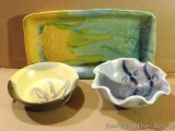 Two bowls and one square dish by Irene Gimeno. Green, brown, and yellow colors. All in good