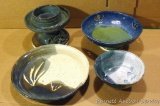 Lot of 4 Hand made blue/green ceramic pieces by Irene Gimeno. Minor chips on each piece. Largest