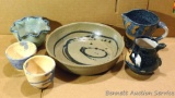 Six pcs. Of blue/green pottery by Irene Gimeno. Handle on one piece is broken, but all others in