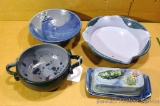 Four pcs. Blue pottery by Irene Gimeno, some with frog motif. Butter dish has a chip on it, all