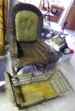 Vintage Wicker rocking chair, part of an antique wicker bassinet. Chair has damage to both arms.