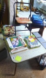 Vintage children's table, board games, aprons, more. All in used condition. Table measures 36 in. x