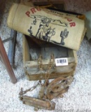 Neat old wooden crate, two small traps - one is a Victor; Prospector Flax Water Bag is approx. 12