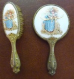 Pretty little child's brush and mirror dresser set by Kate Greenway. Mirror with handle is 6-1/4