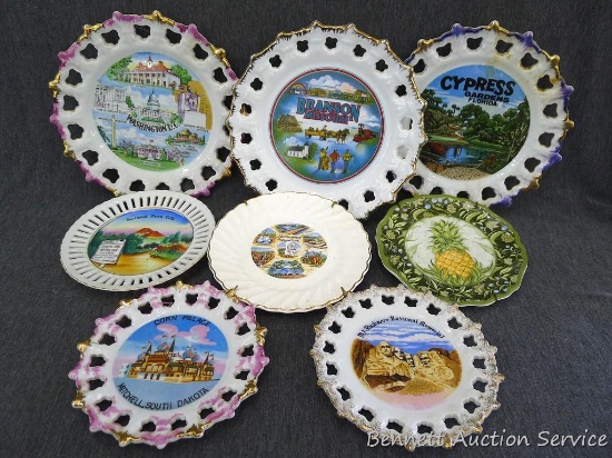 Decorative hanging plates from Washington D.C., Branson, Missouri, Cypress Gardens, Mt. Rushmore,