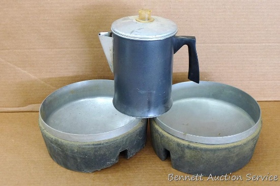 Two stainless 9" steel water dishes for animals; campfire coffeepot.