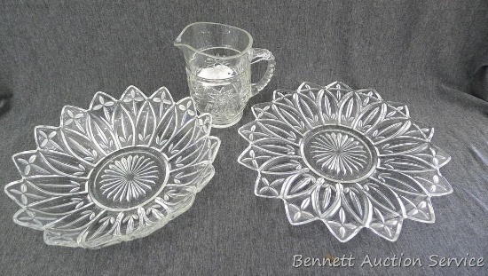 Glass plate 11-1/2" diameter, one small chip noted; matching bowl 10" diameter; pitcher 5-1/2" tall.