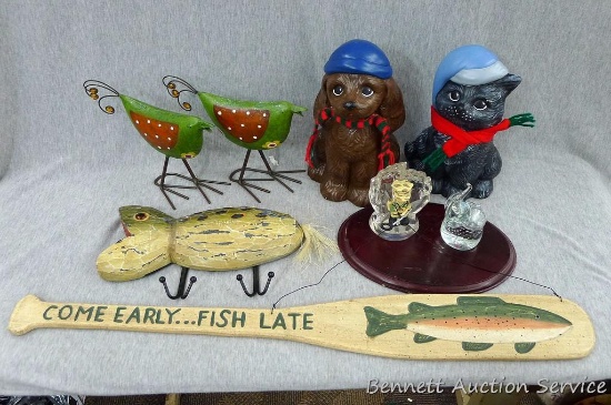 Plaster cat & dog 9" tall; metal birds, wooden lure for hanging your hat; wooden miniature paddle