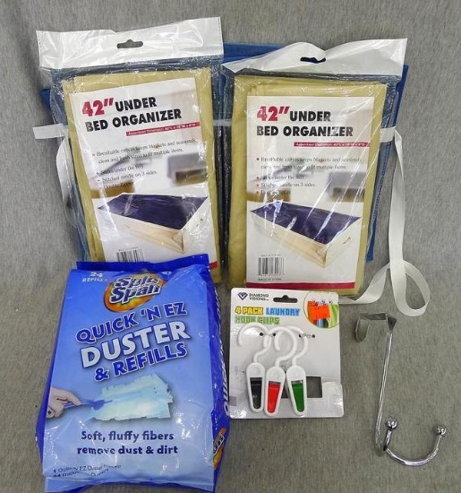 Two 42" under bed organizers NIP; Spic and Span Duster and 24 refills NIP; laundry bag; Laundry Hook