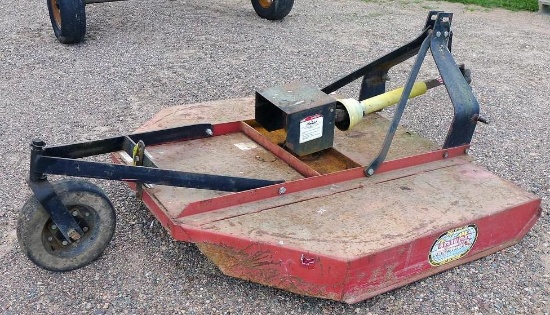 Howse brush hog model 500 is 5' wide. Has 3 point hitch, hard rubber wheel in back and power take