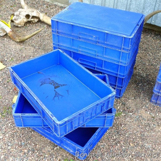 8 heavy duty plastic crates 24" x 15" x 4-3/4" deep.