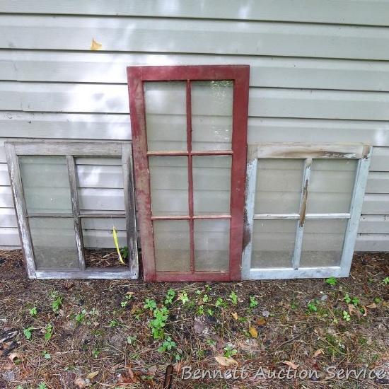 Three old wooden windows. Tallest is 3', widest is 20".