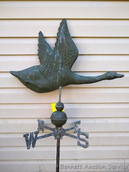 Delightful flying goose weather vane is an impressive 51" tall, goose is nearly 2-1/2' long. Entire