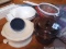 Visons cookware double boiler with lid; glass serving or mixing bowl; strainers; vintage Fire King